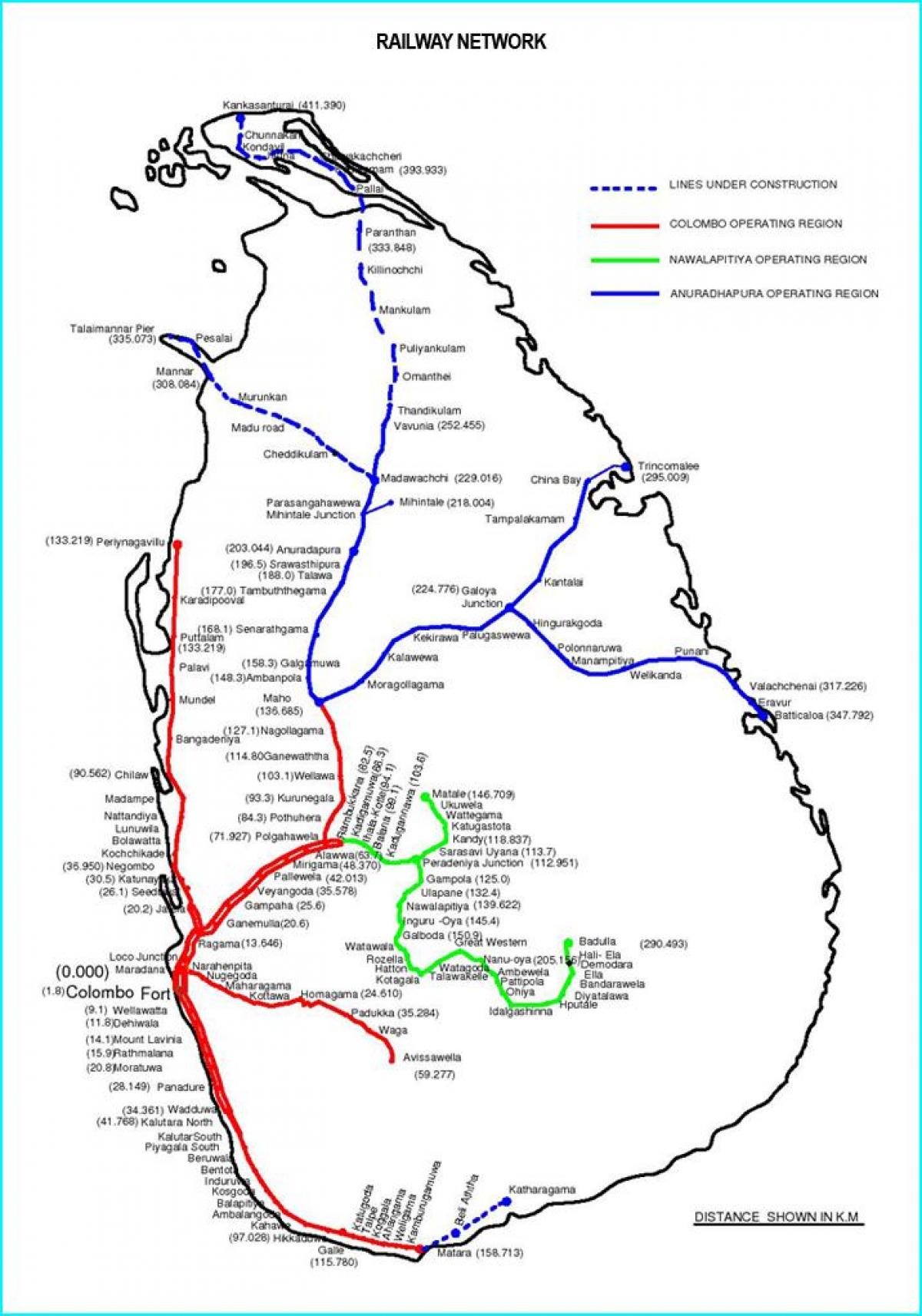 το σιδηροδρομικό χάρτη της διαδρομής Σρι Λάνκα