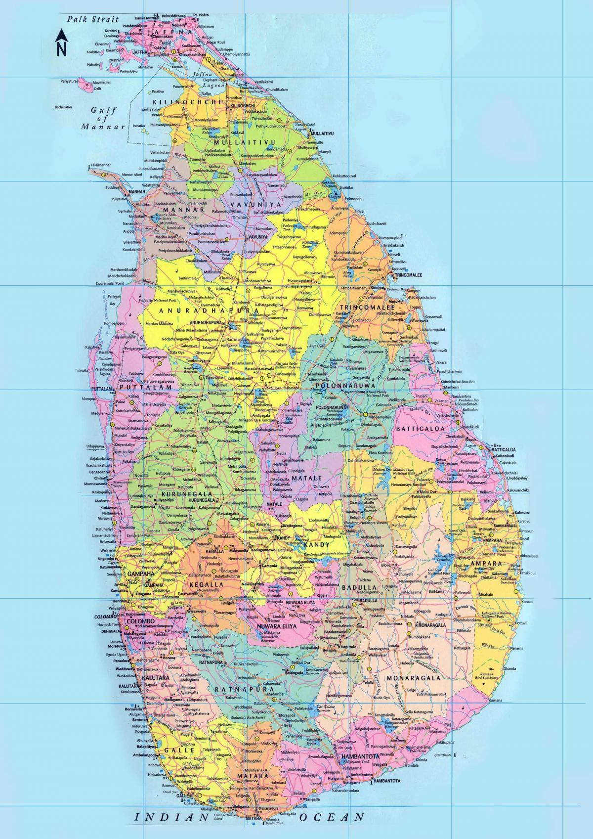 λεπτομερής χάρτης της Σρι Λάνκα, με δρόμους